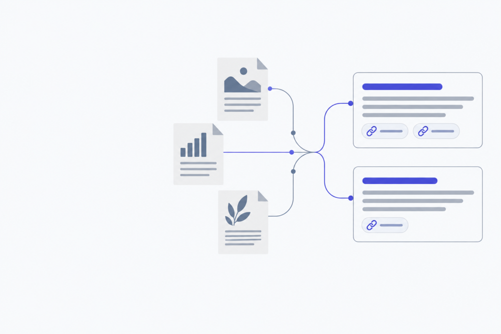 Editorial illustration of web sources feeding into AI answers, with selected source links shown